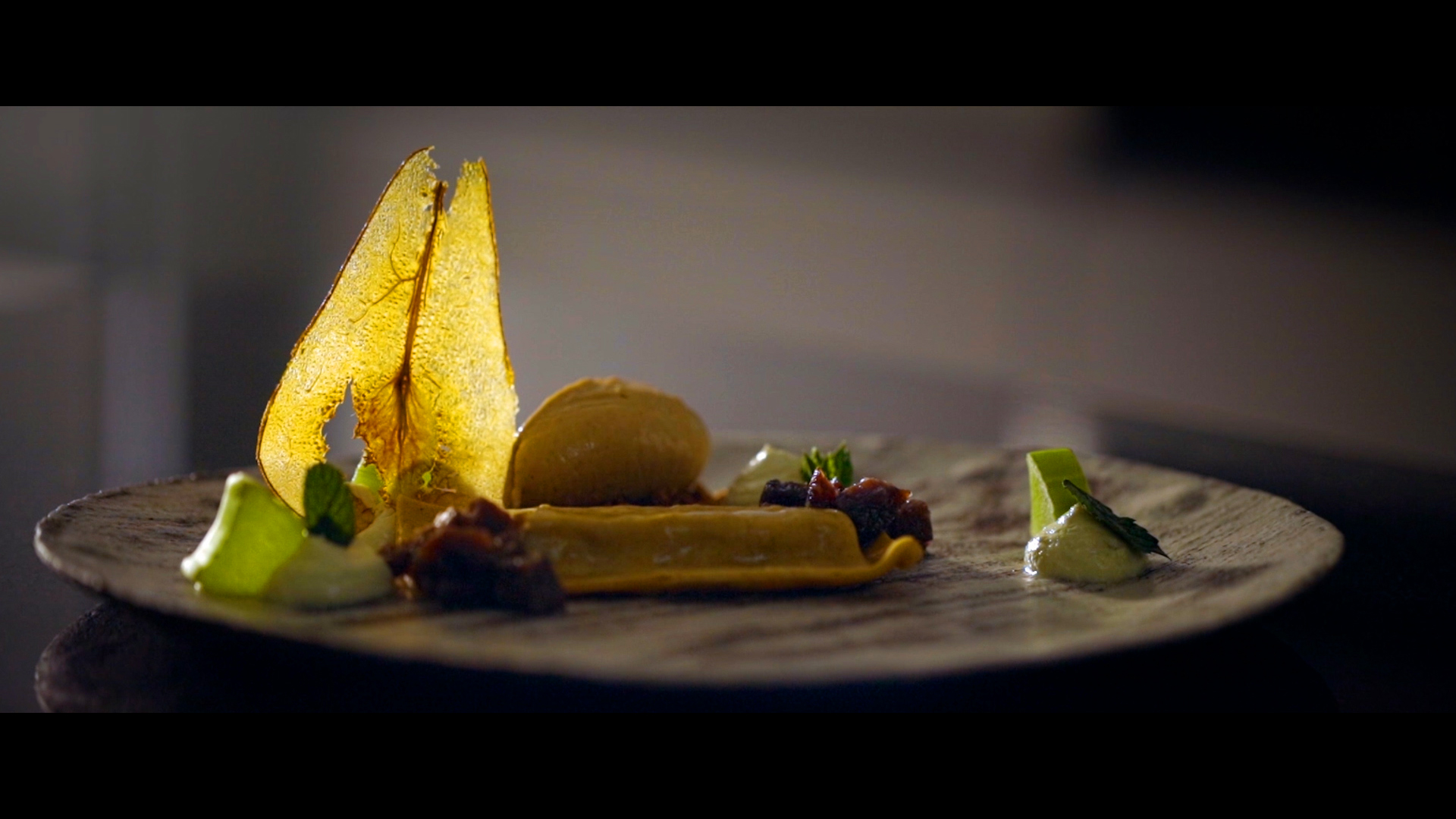 A culinary masterpiece dish presented on a plate, prepared by master chef Jure Dretnik, depicted in a short film Levi Devžej.